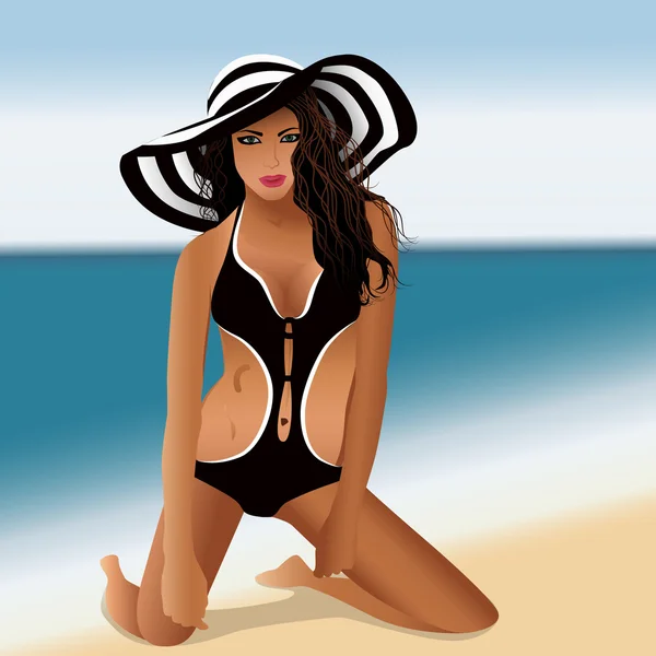 Chica en traje de baño en la playa — Vector de stock