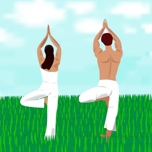 Guy and girl practicing yoga in the meadow — Stock Vector