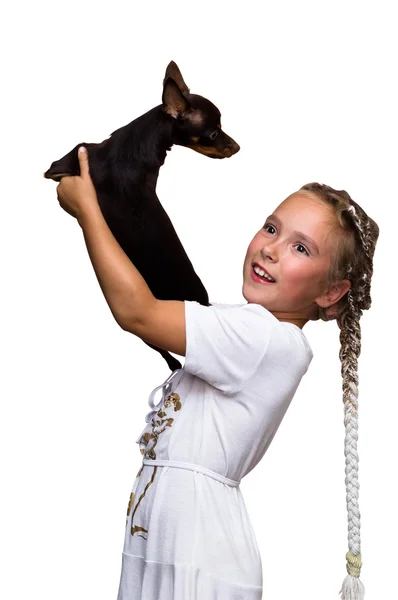 Belleza niños niña con perro cachorro mini juguete terrier —  Fotos de Stock