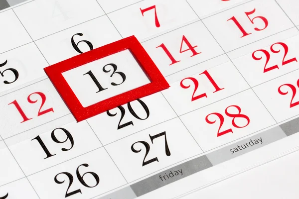 Calendar page with selected friday 13 — Stock Photo, Image