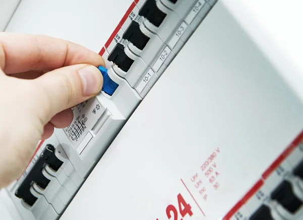 Closeup view of a box with automatic fuses. — Stock Photo, Image