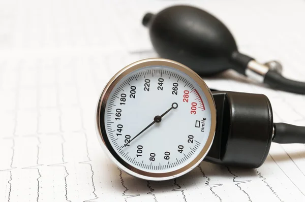 Sphygmomanometer on the cardiogram — Stock Photo, Image