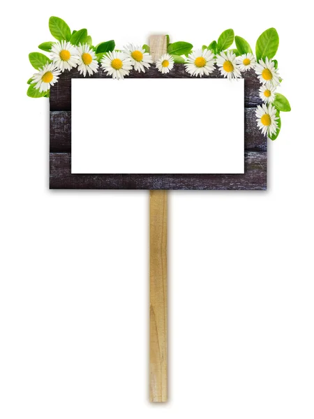 Placa de anúncio velha com papel branco e flores — Fotografia de Stock