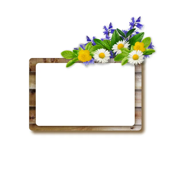 Drewniana ramka z zielonych liści, stokrotki, niebieskie i żółte kwiaty — Zdjęcie stockowe