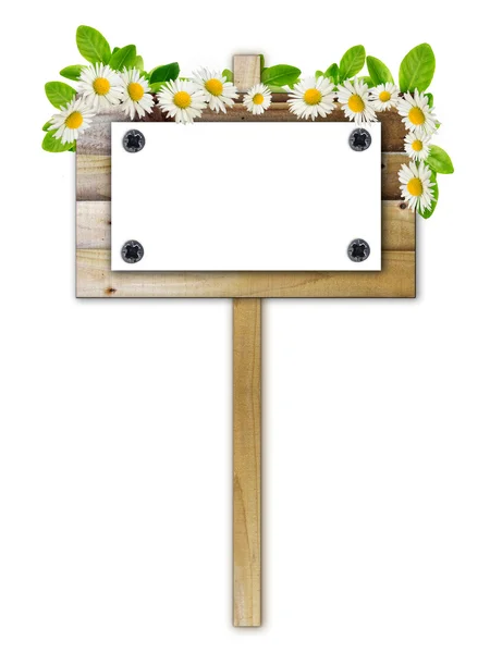 Placa de anúncio velha com papel branco e flores — Fotografia de Stock