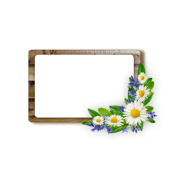 Wooden frame with wild flowers — Stock Photo, Image