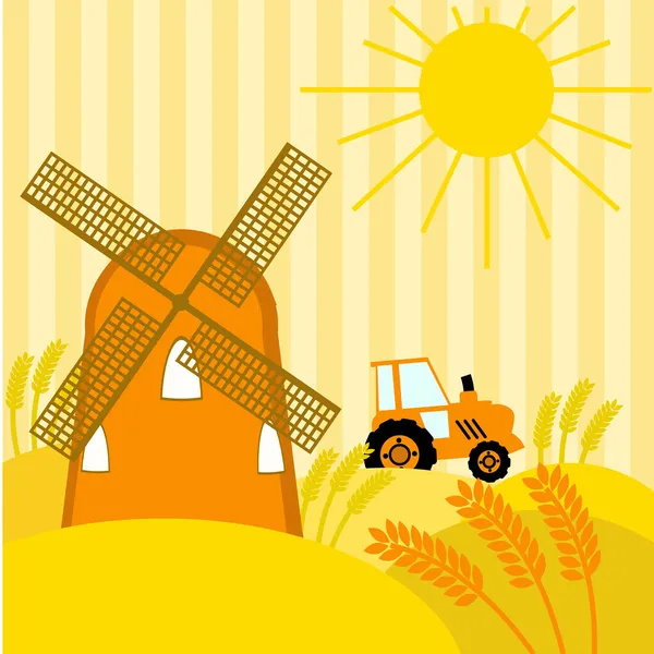 Fieldworks: mill and tractor — Stock Vector