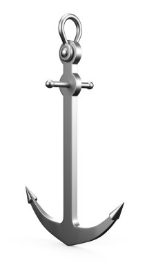 3D steel anchor and chain on a white background