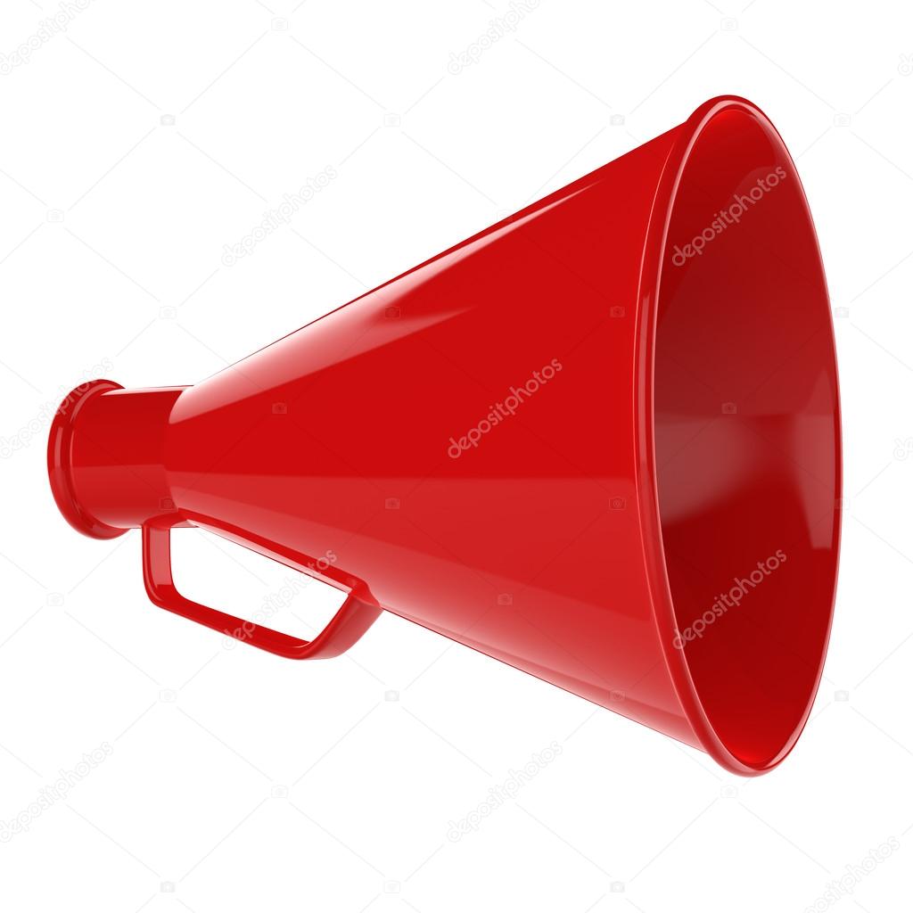 3D Bullhorn... Retro megaphone in a red color isolated on white background.