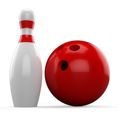 3D kırmızı bowling topu ve beyaz arka plan üzerinde izole iğne