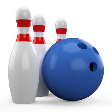 3D mavi bowling topu ve beyaz arka plan üzerinde izole iğne