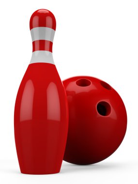 3D kırmızı bowling topu ve beyaz arka plan üzerinde izole iğne