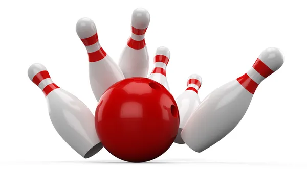 3d boule de bowling s'écrasant dans les broches ... — Photo