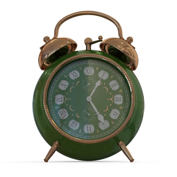 Yeşil eski stil üzerinde beyaz izole çalar saat — Stok fotoğraf
