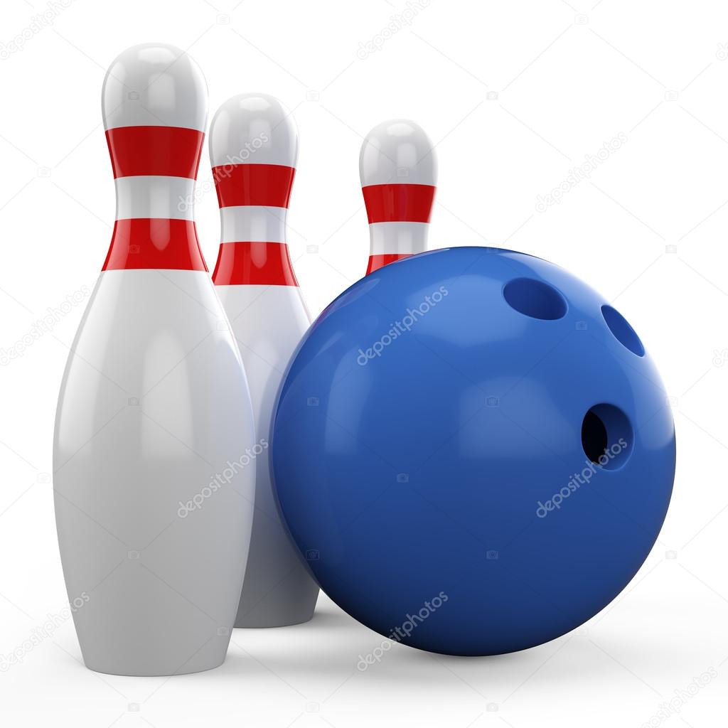 3D blue bowling ball and pin isolated on white background