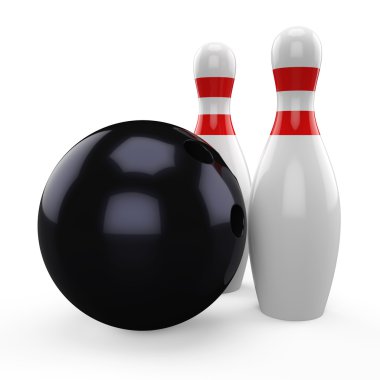 3D siyah bowling topu ve beyaz arka plan üzerinde izole iğne