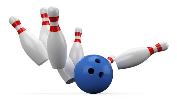 3D-Bowlingball kracht in die Pins auf weißem Hintergrund — Stockfoto