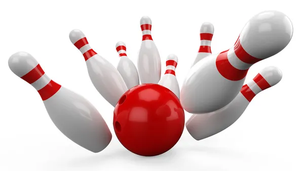 3d palla da bowling schiantarsi contro i perni su sfondo bianco — Foto Stock