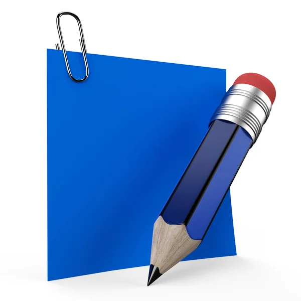 Écriture sur note de bureau avec un crayon bleu Image En Vente