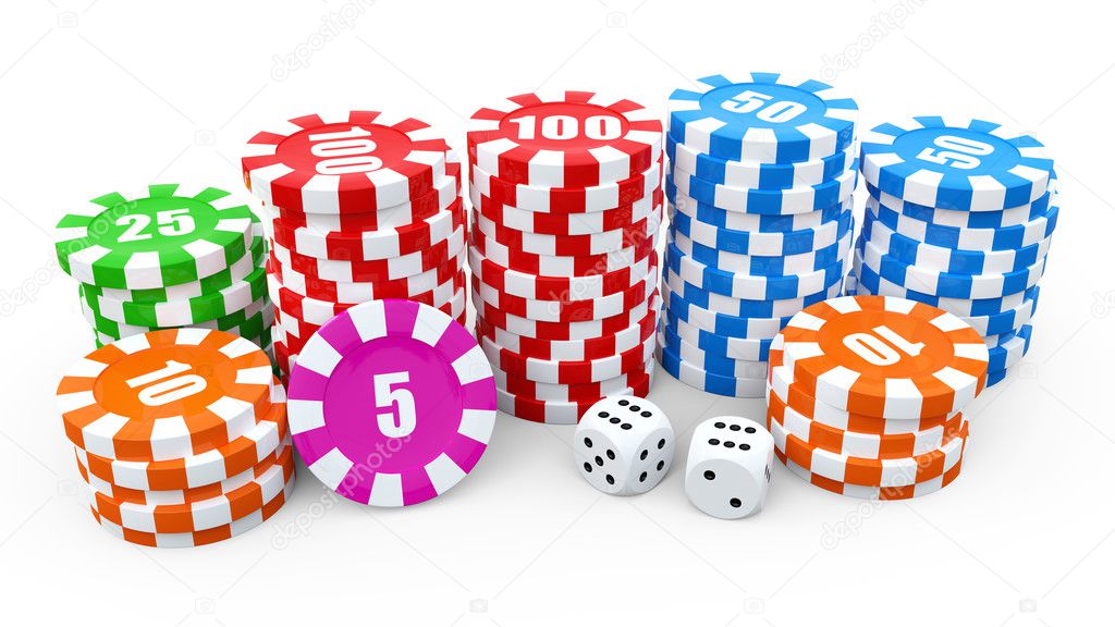 Casino chip stacks over white background. 3D render illustration.