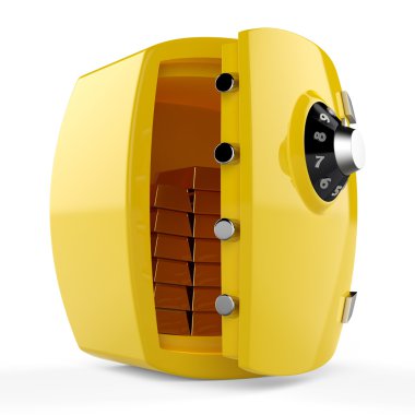 Beyaz arka plan üzerinde izole altın barlar ile 3D açık kasa