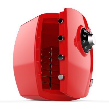 Beyaz arka plan üzerinde izole altın barlar ile 3D açık kasa