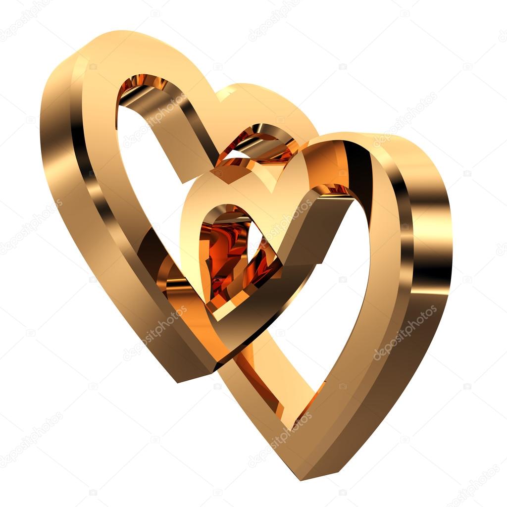 3D heart shaped gold rings on white background