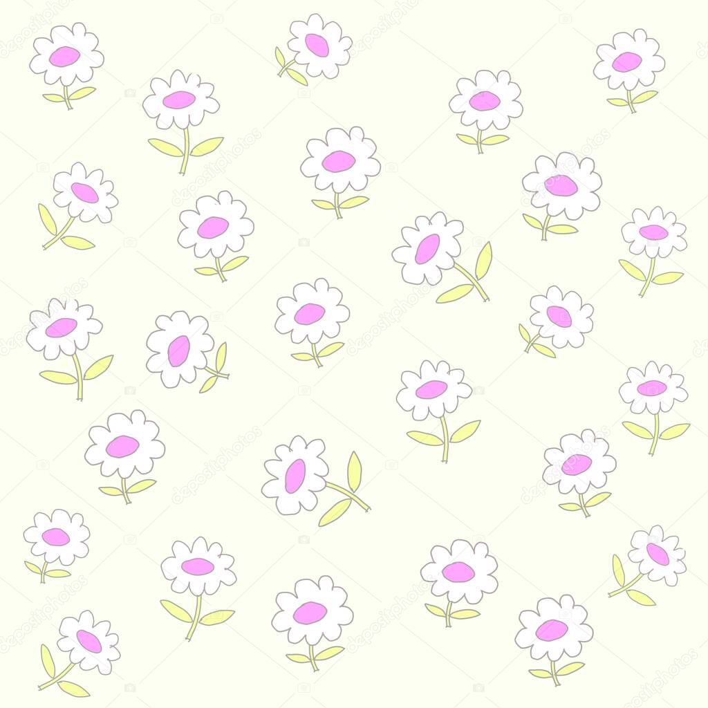 Sketch blossom floral botany collection flower drawings, scattered random line art on white background, seamless pattern Hand Drawn yellow flowers and green leaves botanical Illustrations, Trendy colorful texture for Fashion textile, ditsy print, fab