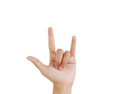 Close up Asian female hand show shaping a heart, love sign language, arm and hand isolated on a white background copy space symbol I love you