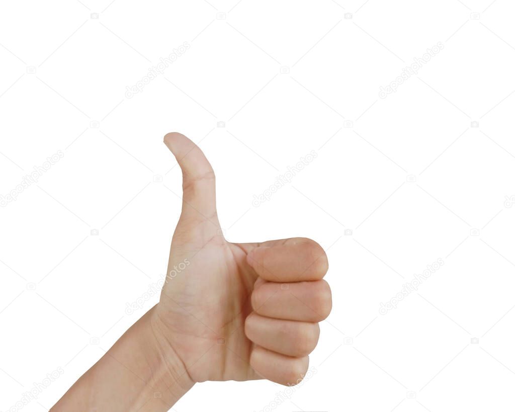 Close up Asian female left hand show gives like thumbs up, sign arm and hand isolated on a white background copy space