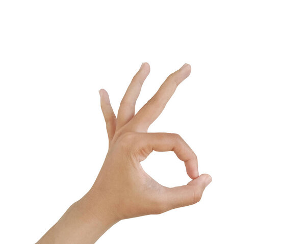 Close up Asian female hand show pinch gesture made, Ok sign finger arm and hand isolated on a white background copy space symbol language okay