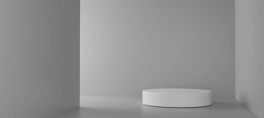 Kozmetik podyum ürünü, platformun gri arka plan 3D görüntüsü ile minimal sahne. Pastel beyaz rengini göster. Güzellik arkaplanını kaidede göstermek için ayağa kalk. Basit Silindir gri tasarımı