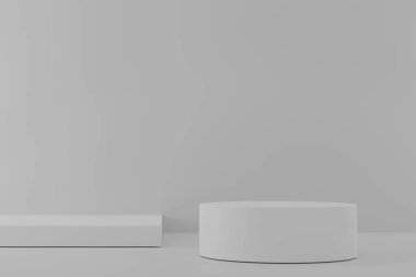 Kozmetik podyum ürünü, platformun gri arka plan 3D görüntüsü ile minimal sahne. Pastel beyaz rengini göster. Güzellik arkaplanını kaidede göstermek için ayağa kalk. Basit Silindir gri tasarımı