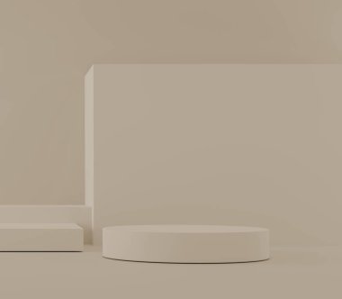 Kozmetik podyum ürünü, platformun bej arka plan 3D görüntüsü ile minimal sahne. Pastel beyaz rengini göster. Kalıpta güzellik arkaplanı olduğunu göster. Basit Silindir pastel tasarımı