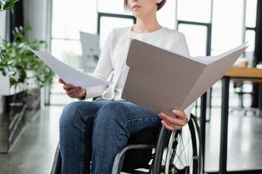 cropped view of businesswoman in wheelchair working with documents in office clipart
