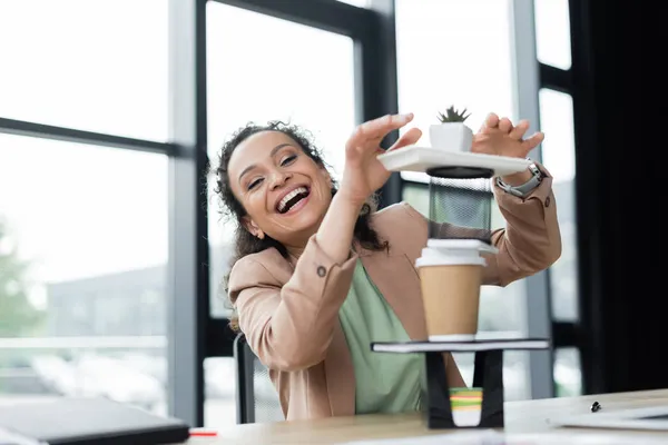 Excited African American Businesswoman Laughing Camera While Having Fun Workplace — Stock Photo, Image