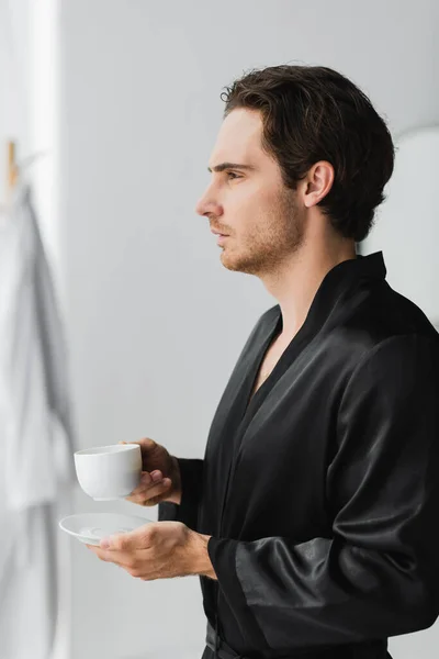 Side View Man Silk Robe Holding Cup Coffee Bathroom — Stock Photo, Image