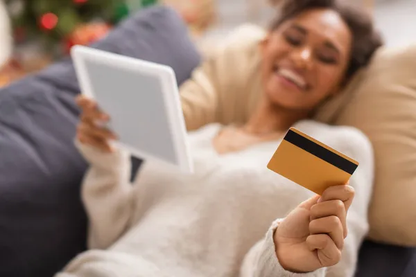Blurred African American Woman Holding Digital Tablet Credit Card Home — Stock Photo, Image