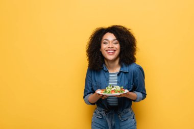 Mutlu Afro-Amerikalı kadın elinde taze sebze salatası ile sarı tabağı tutuyor.