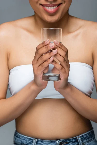 Cropped View Smiling African American Woman White Top Holding Glass — Stock Photo, Image