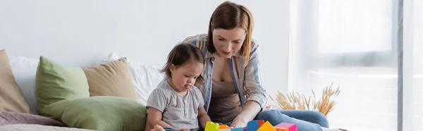 Parent Playing Child Syndrome Building Blocks Bed Banner — Stock Photo, Image