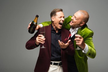 Excited mature men in formal wear holding champagne and bottle isolated on grey  clipart