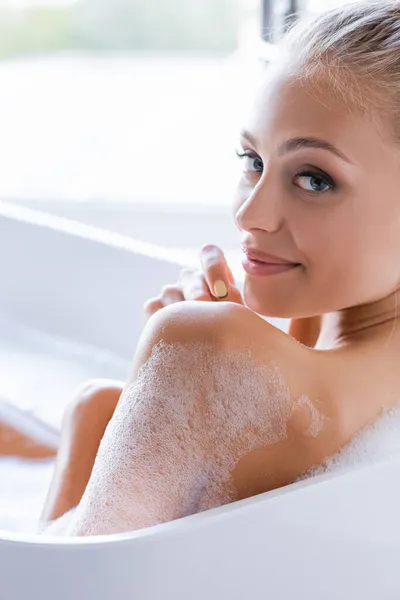 Pleased Young Wet Woman Foam Body Taking Bath — Stock Photo, Image