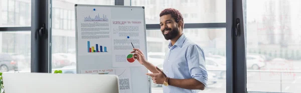 Smiling African American Manager Pointing Charts Flip Chart Computer Video — Stock Photo, Image