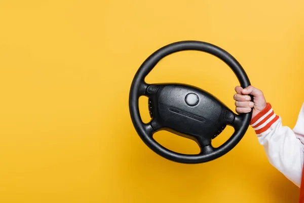 Cropped View Middle Aged Man Holding Steering Wheel Yellow — Stock Photo, Image