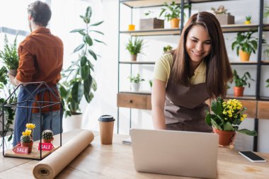 Positive seller holding blooming plant and using laptop near coffee and colleague in flower shop  clipart