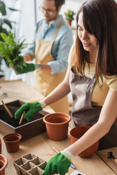 Florist in apron working with gardening tools near blurred colleague in flower shop 