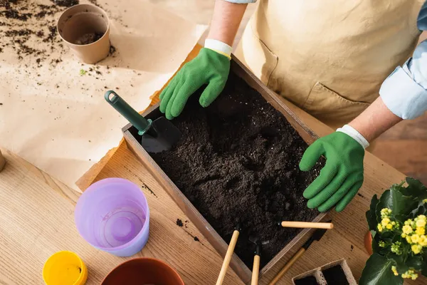 Top View Florist Gloves Standing Box Ground Flowerpots Shop — Stock Photo, Image