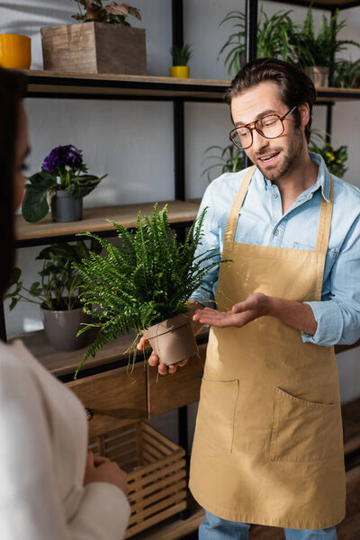 Young florist pointing at plant near blurred customer in flower shop 
