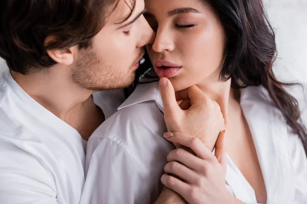 Close View Young Man Closed Eyes Touching Lips Sexy Woman — Stok Foto